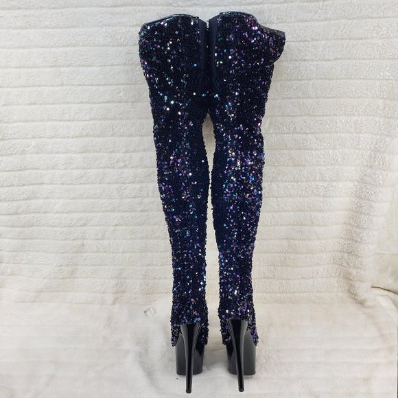 3020 Black Multi Stretch Sequin Platform 7" Heels Thigh High Boots - Picture 3 of 10